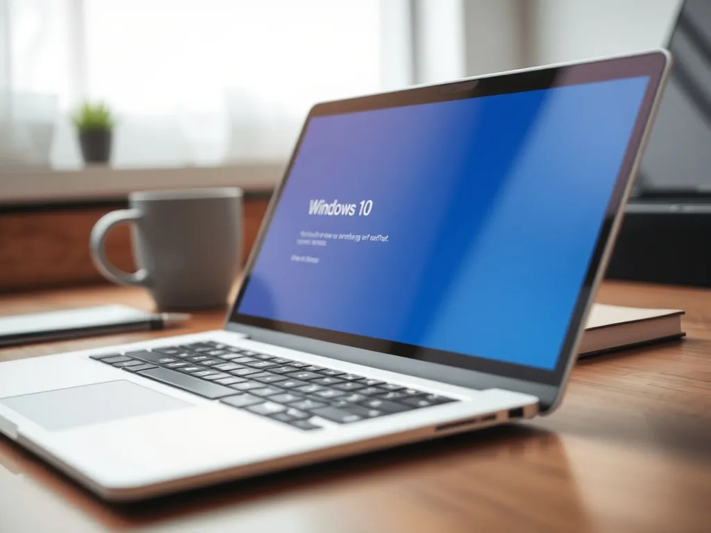 Laptop z uruchomionym ekranem naprawy Windows 10 na biurku, obok kubek, notes i roślina tworzące spokojne miejsce pracy.