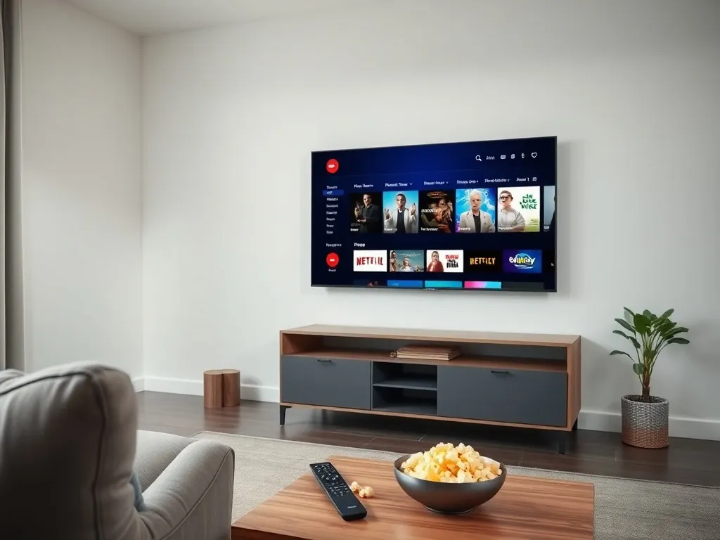 Salon z dużym telewizorem 4K pokazującym kolorową platformę streamingową, stolik z pilotem i miską popcornu przed kanapą.