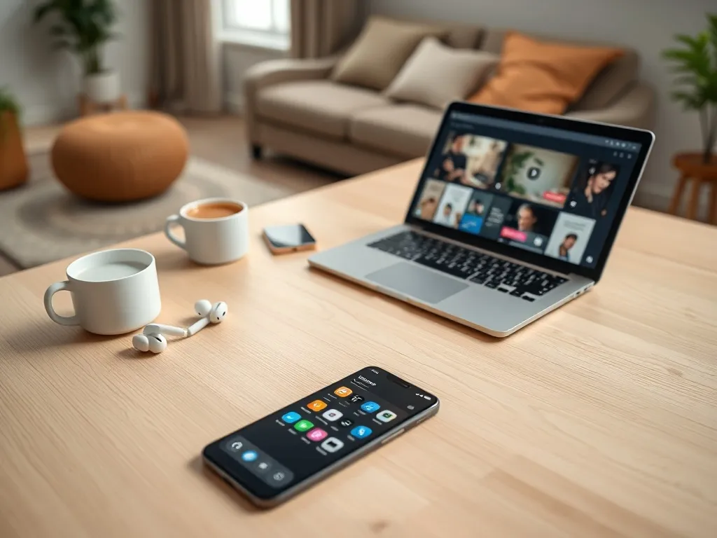 Nowoczesne urządzenia Apple z aplikacjami i multimediami ułożone na biurku, symbolizujące pakiet Apple One i jego usługi.