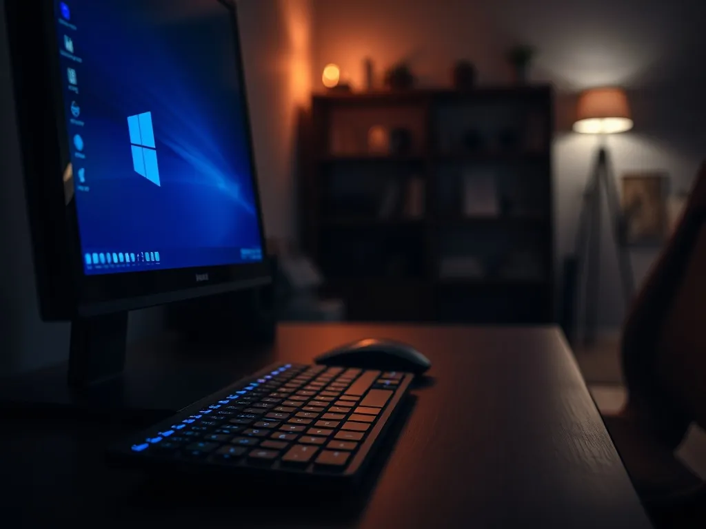 Nowoczesny komputer z uruchomionym Windows 10 na biurku w domowym biurze, podkreślający temat błędu nvlddmkm.sys