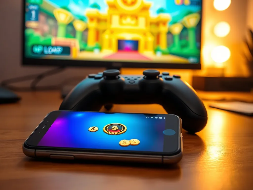 Pad na biurku i smartfon z ikoną V-Dolców na ekranie, w tle rozmyty lobby Fortnite w ciepłym świetle LED