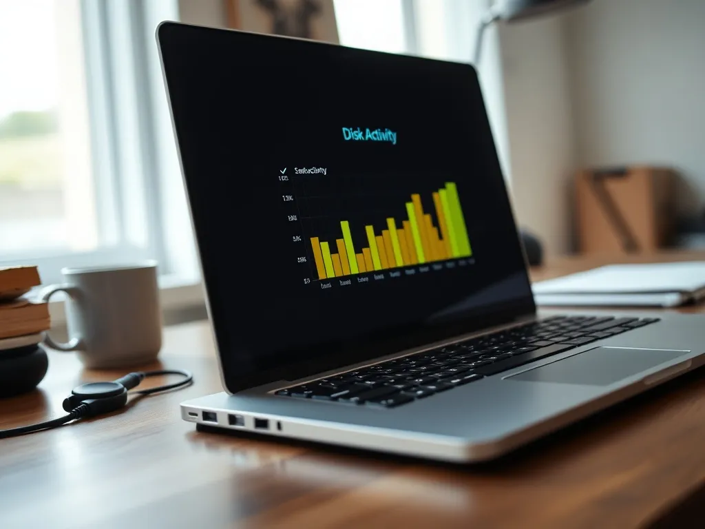 Laptop na biurku z wykresem wydajności Windows, pokazującym 100% obciążenie dysku w spokojnym biurze domowym.