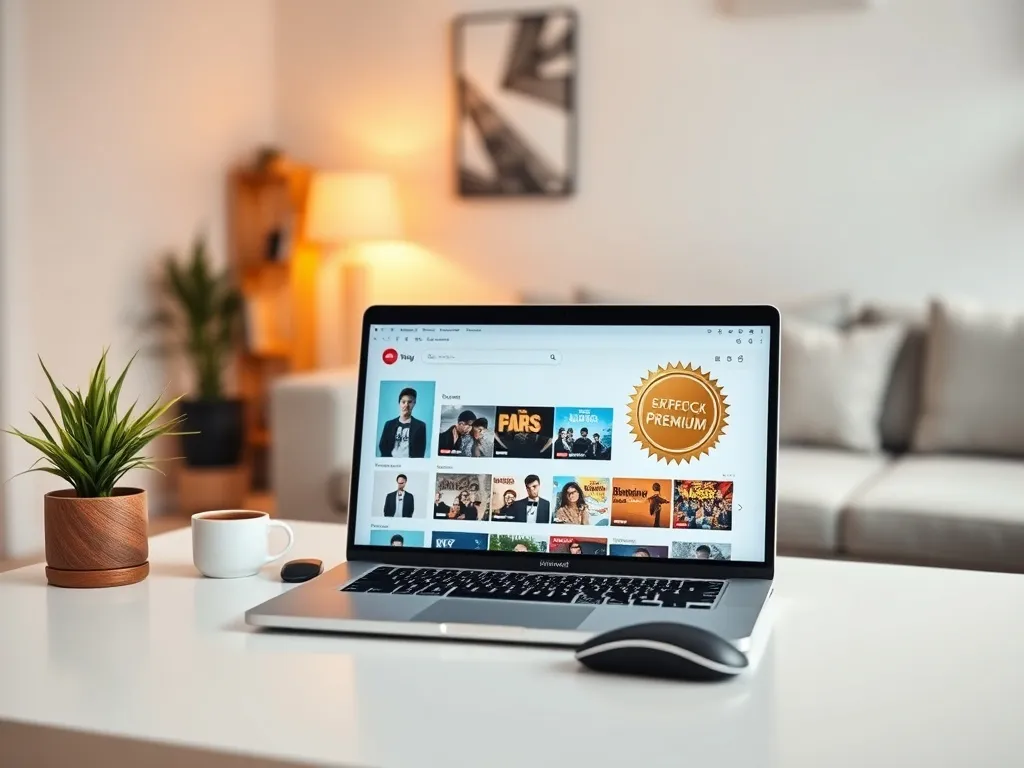 Laptop z uruchomioną platformą streamingową i wyróżnioną ikoną premium na biurku w nowoczesnym, przytulnym salonie.