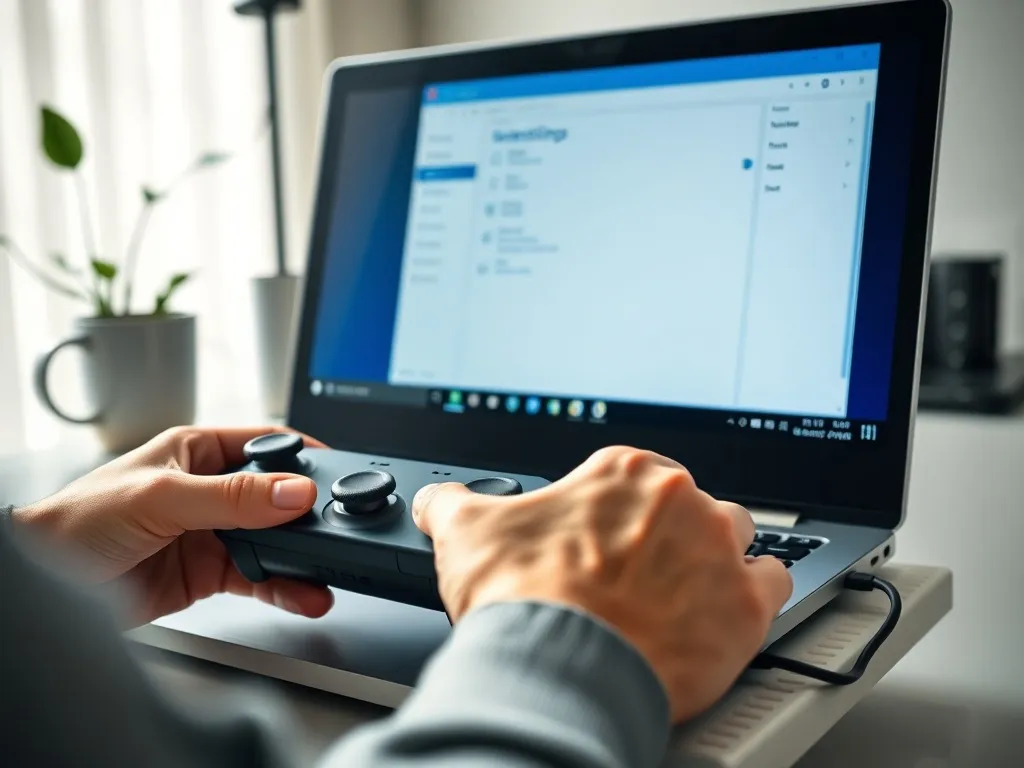 Laptop z Windows 10 na biurku, użytkownik trzyma kontroler do gier, na ekranie otwarte okno ustawień systemu.