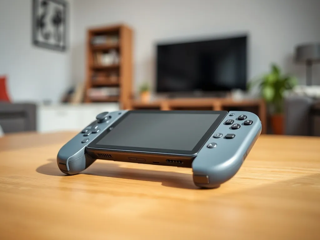 Stylowa konsola przenośna z odłączanymi kolorowymi Joy-Conami na stole, zapowiadająca nowy Nintendo Switch 2.