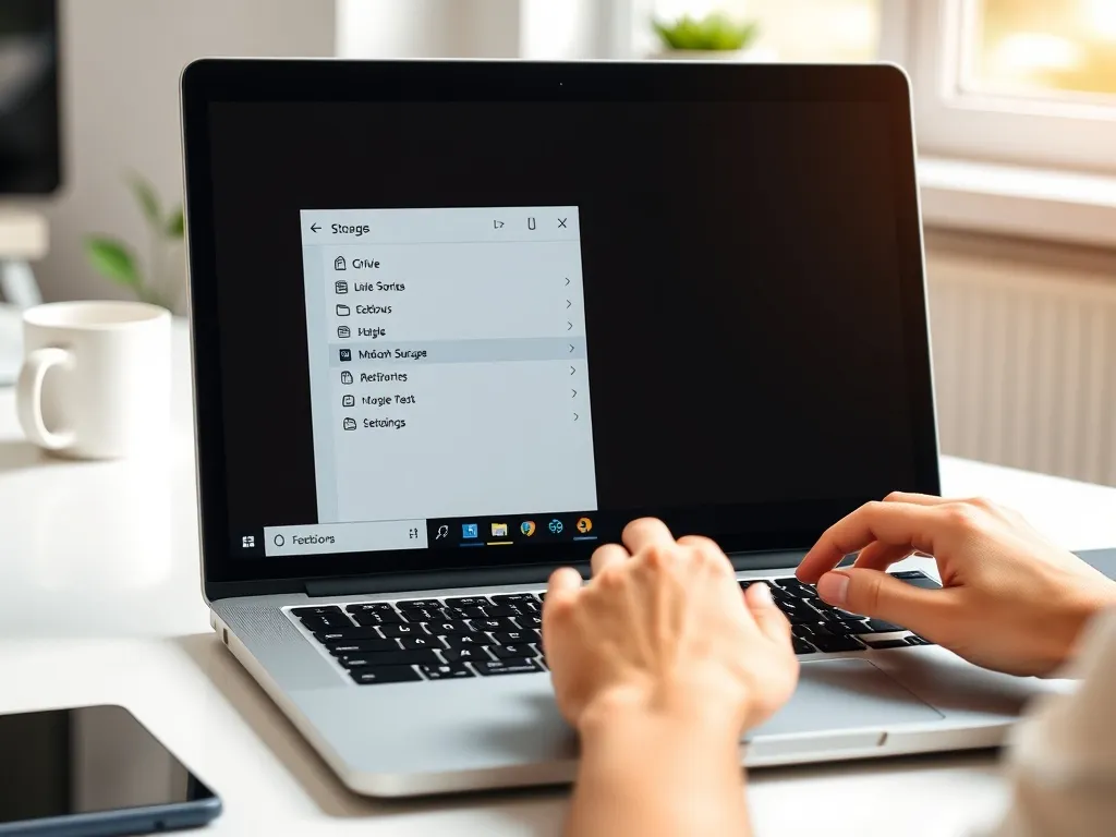 Laptop z otwartym Windows 10, pasek pamięci pokazuje powiększony dysk C, użytkownik zmienia ustawienia systemu.