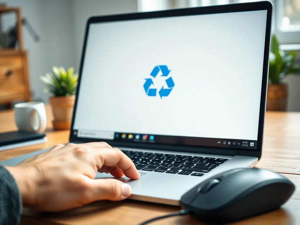 Czysty pulpit Windows 10 z dużą ikoną kosza, dużo wolnego miejsca na dysku, laptop na uporządkowanym biurku w domu.