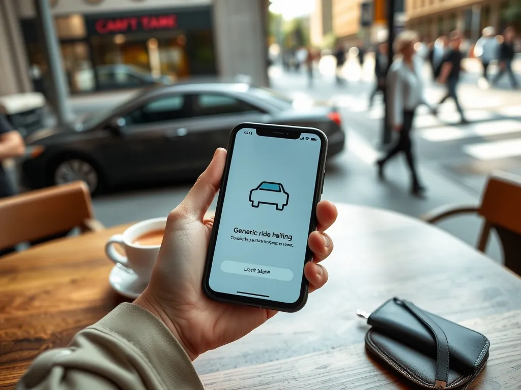 Smartfon z aplikacją przejazdów obok kawy i portfela, w tle ulica – symbol kosztów i wygody korzystania z Uber One