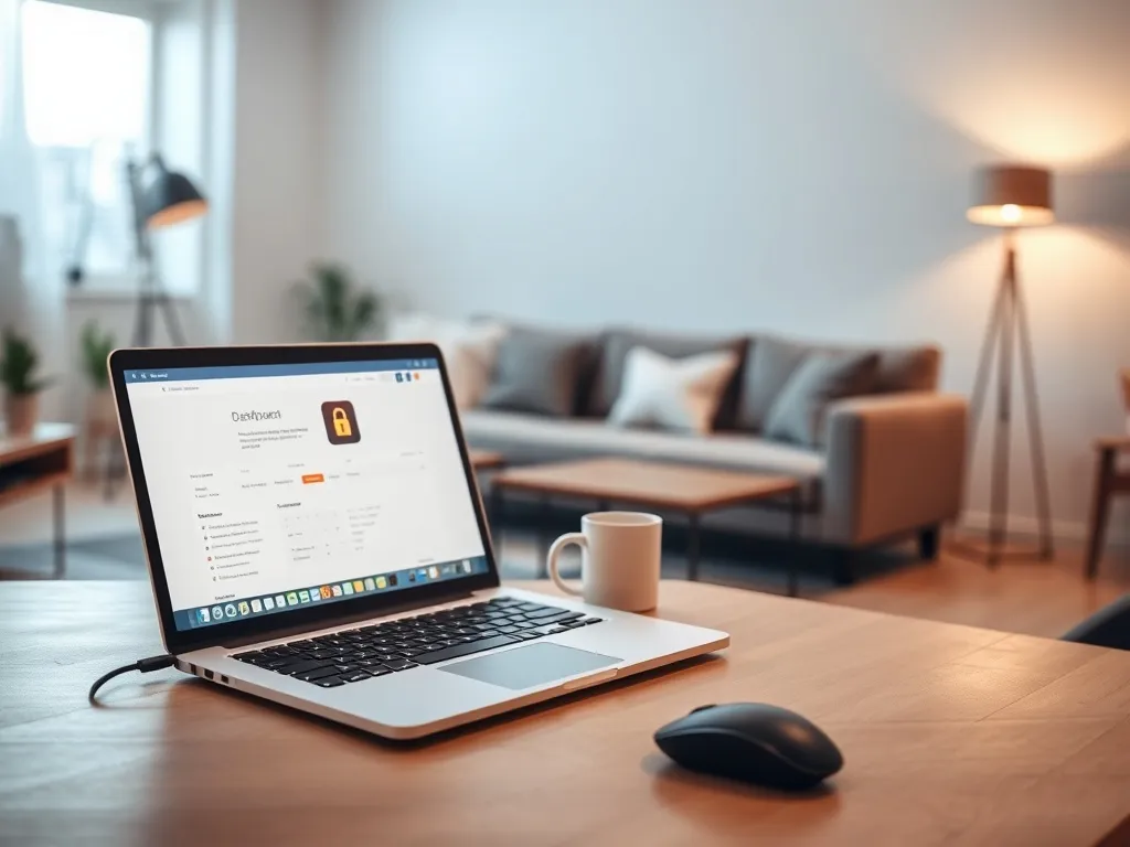 Laptop z ikoną kłódki na biurku w przytulnym salonie, symbolizujący bezpieczne korzystanie z NordVPN w domu.
