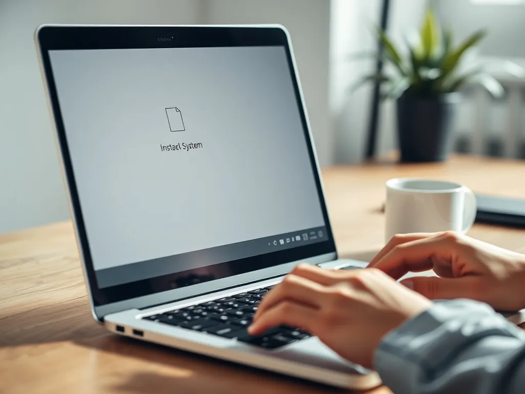 Laptop na biurku podczas instalacji systemu, użytkownik wpisuje dane, w tle rozmyte domowe biuro z rośliną i kubkiem.