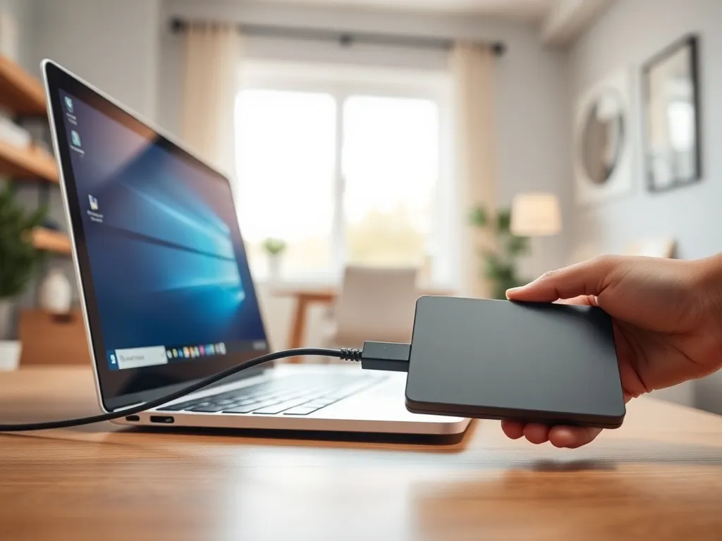 Laptop z Windows 10 na biurku, dłoń podłącza zewnętrzny dysk USB, przygotowanie do kopii zapasowej systemu