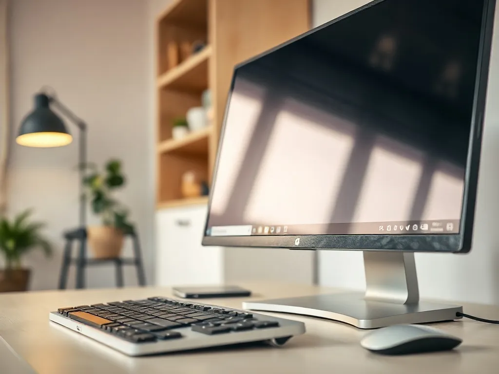 Monitor z pulpitem Windows 10 i ikoną nagrywania na pasku zadań w jasnym, minimalistycznym biurze domowym