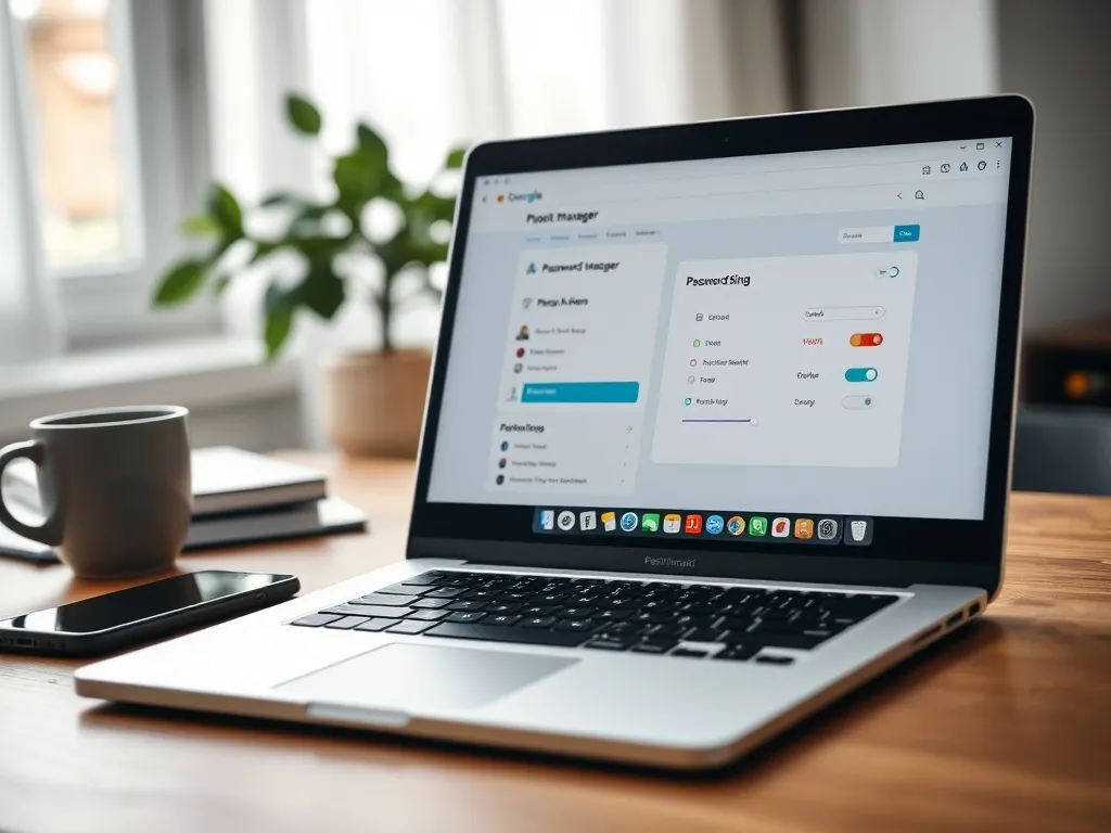 Laptop z otwartym menedżerem haseł obok smartfona i symbolu kłódki na biurku w nowoczesnym, minimalistycznym biurze domowym.