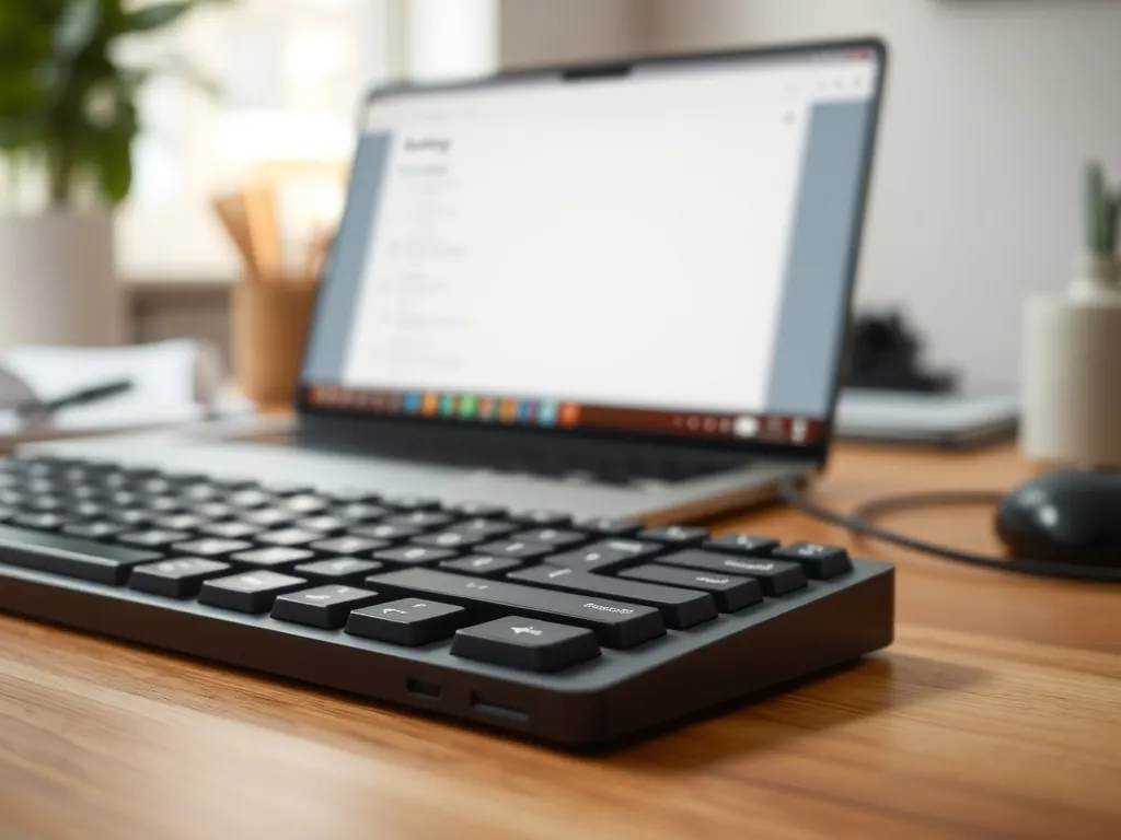 Zbliżenie klawiatury na biurku, część klawiszy nieostra, w tle rozmazane okno ustawień Windows 10.