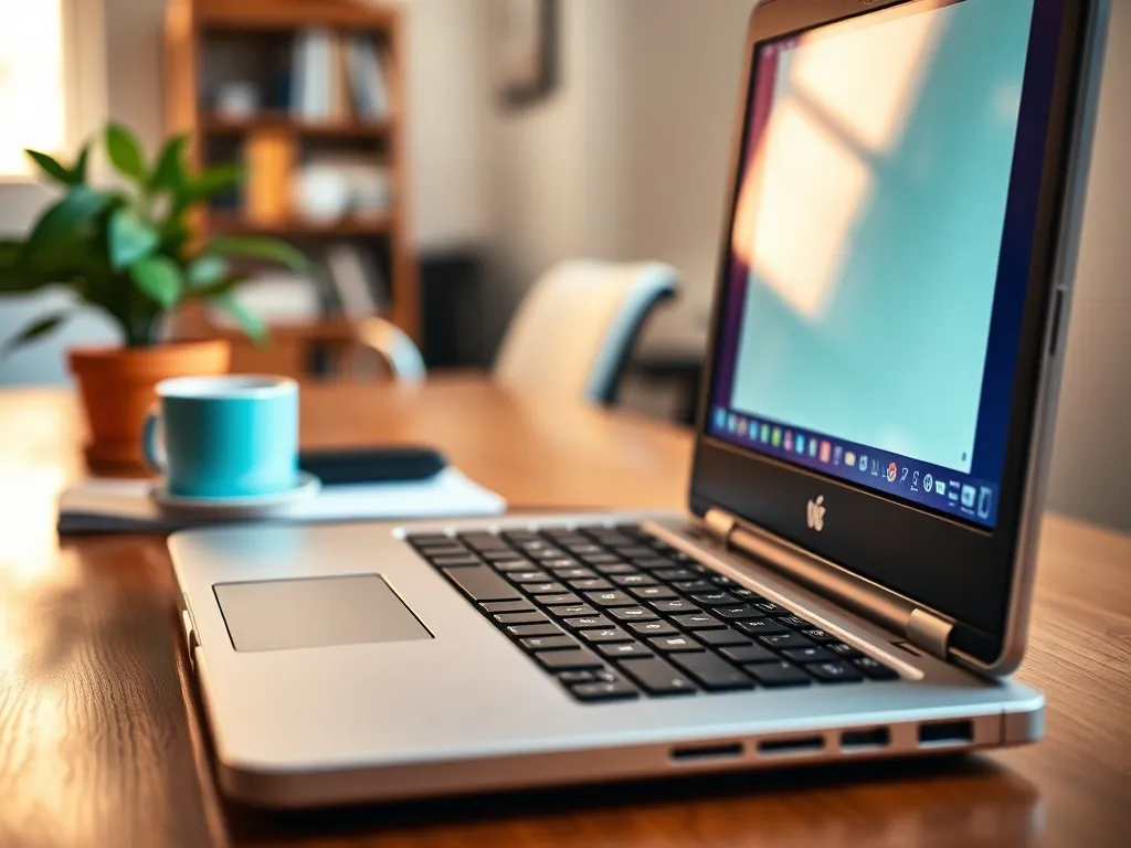 Stary laptop z czystym pulpitem Windows 10 na uporządkowanym biurku, symbolizujący przyspieszenie i odświeżenie systemu.