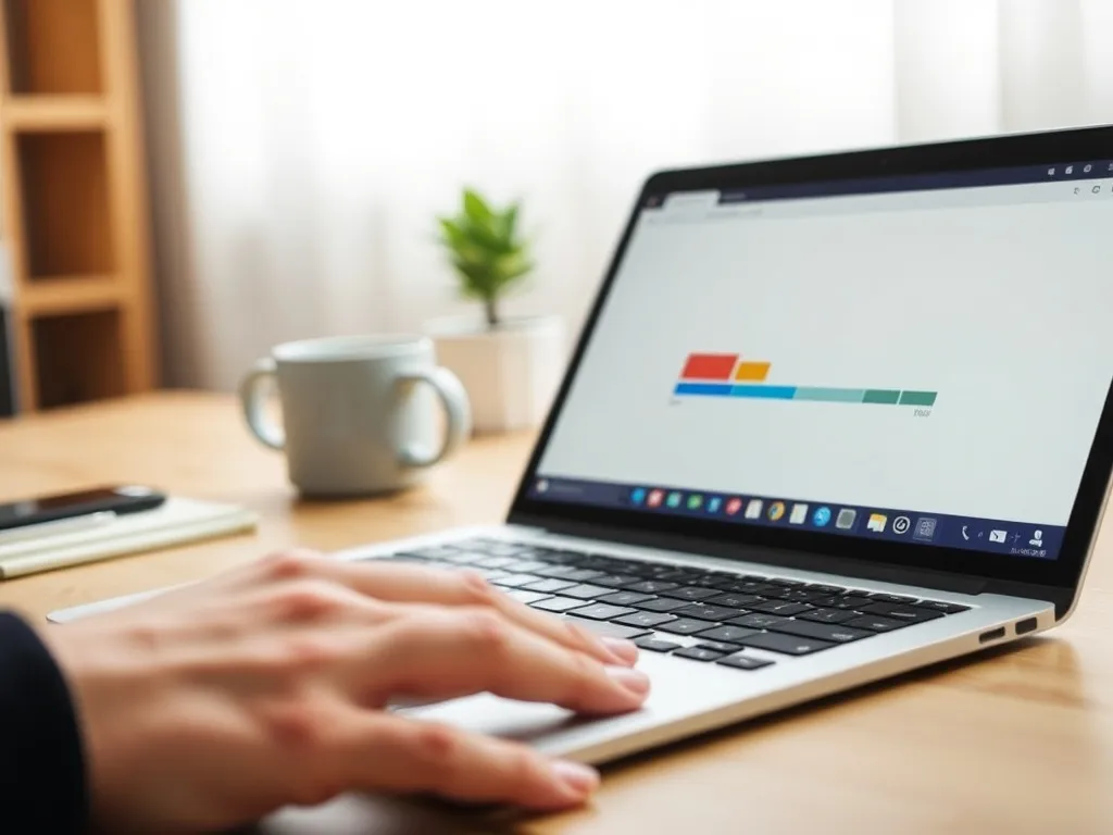 Laptop z kolorowym paskiem partycji dysku, pokazujący zmianę ich rozmiaru w domowym, minimalistycznym biurze.