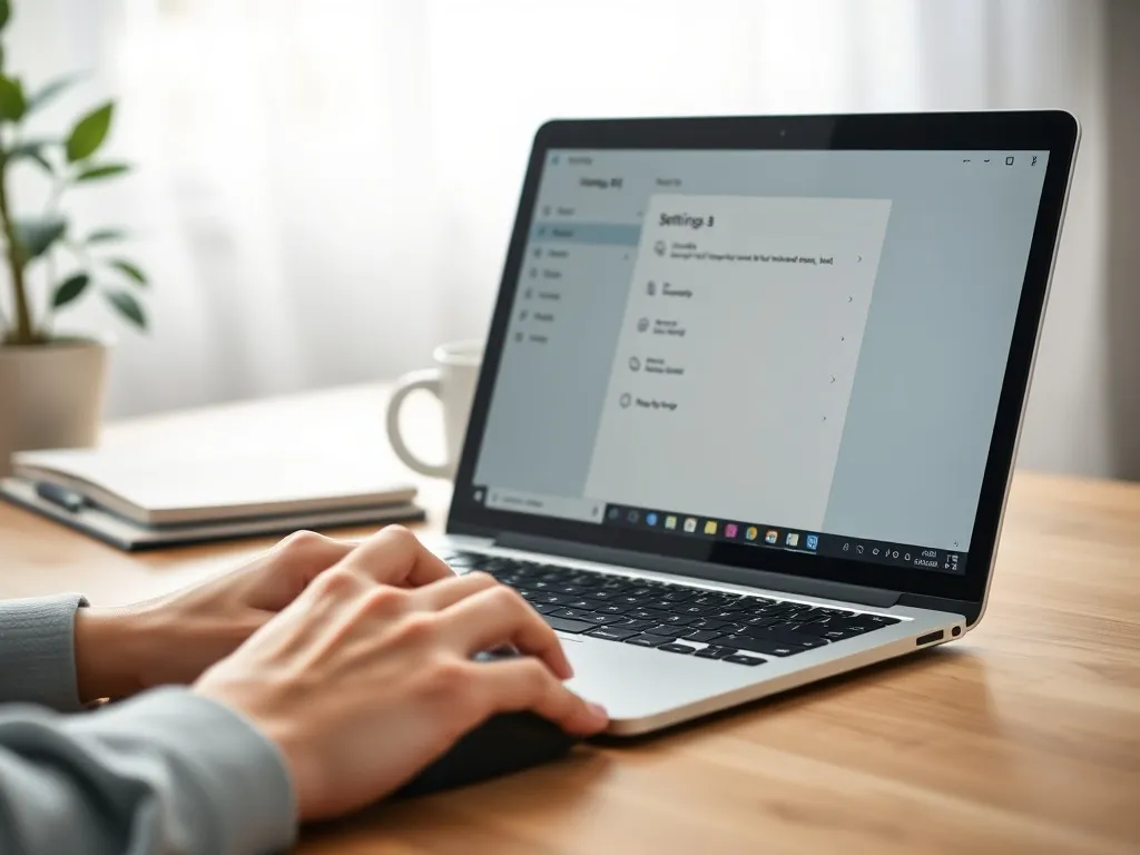 Laptop z otwartym oknem ustawień Windows 10 na biurku, ręka na myszy, w tle rozmyte domowe biuro.