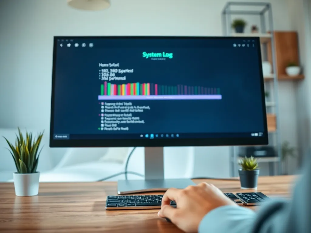 Użytkownik przegląda na monitorze logi systemowe Windows w domowym biurze, obok klawiatura, mysz i mała roślina