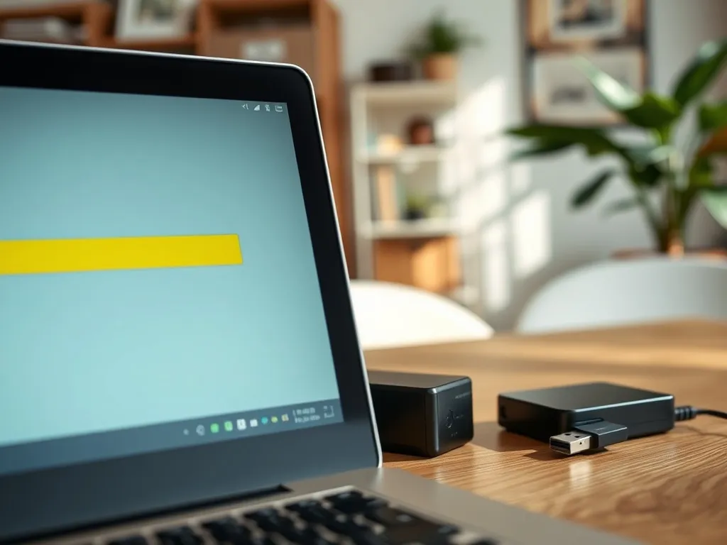 Laptop z prawie zapełnionym paskiem zajętości dysku C, obok leży dysk zewnętrzny i pendrive na biurku.
