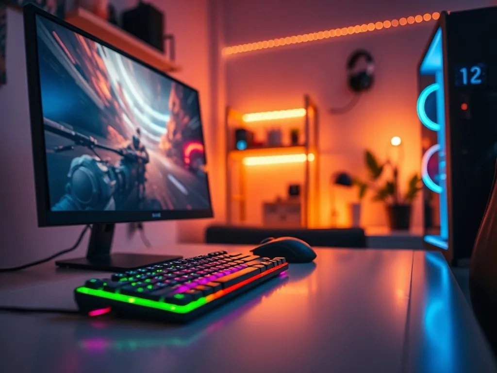 Nowoczesne stanowisko gamingowe z podświetlaną klawiaturą i PC, monitor wyświetla kolorową scenę z gry w przytulnym pokoju.