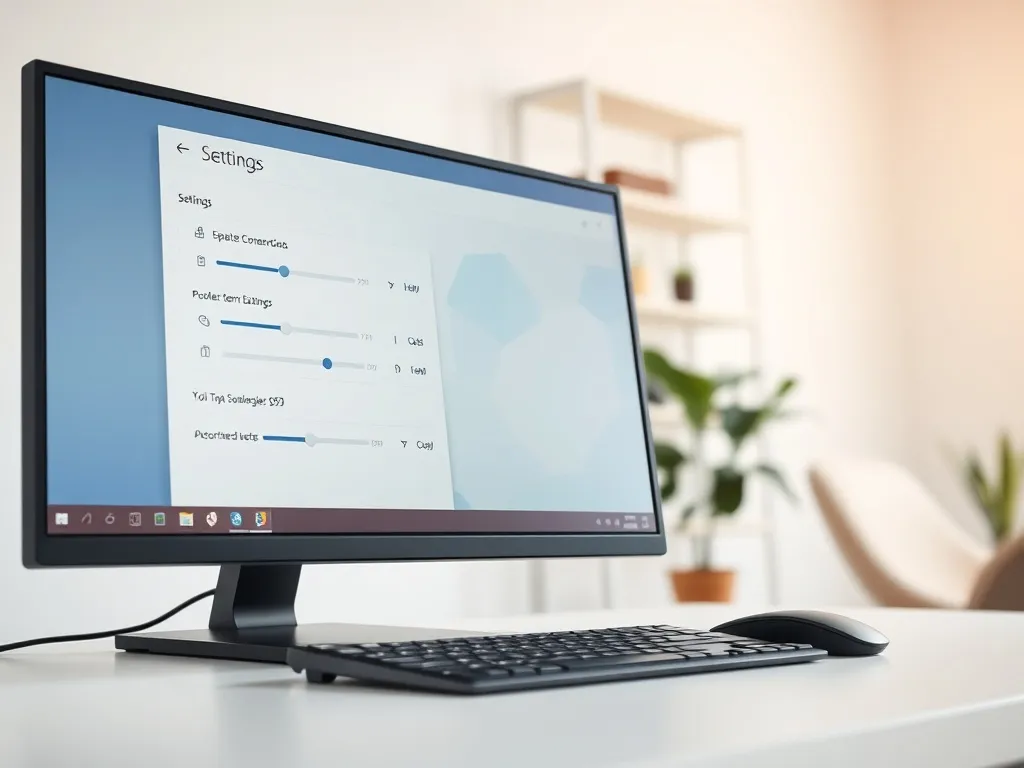 Monitor z oknem ustawień Windows i suwakami, na biurku klawiatura i mysz, w tle rozmyte domowe biuro.
