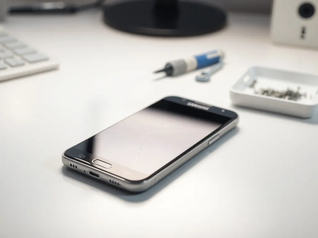 Pęknięty ekran smartfona Samsung na biurku, w tle narzędzia serwisowe sugerujące naprawę wyświetlacza.