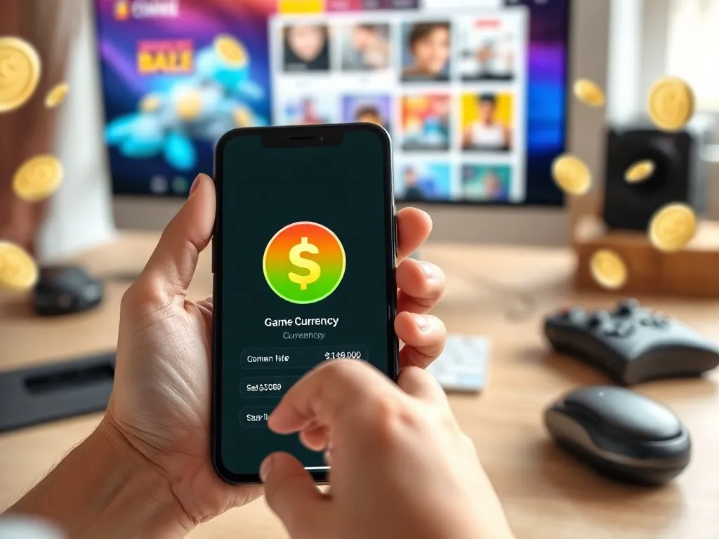 Dziecko trzyma smartfon z kolorową walutą w grze Roblox, na ekranie widoczny stan Robux i motyw sklepu z monetami.