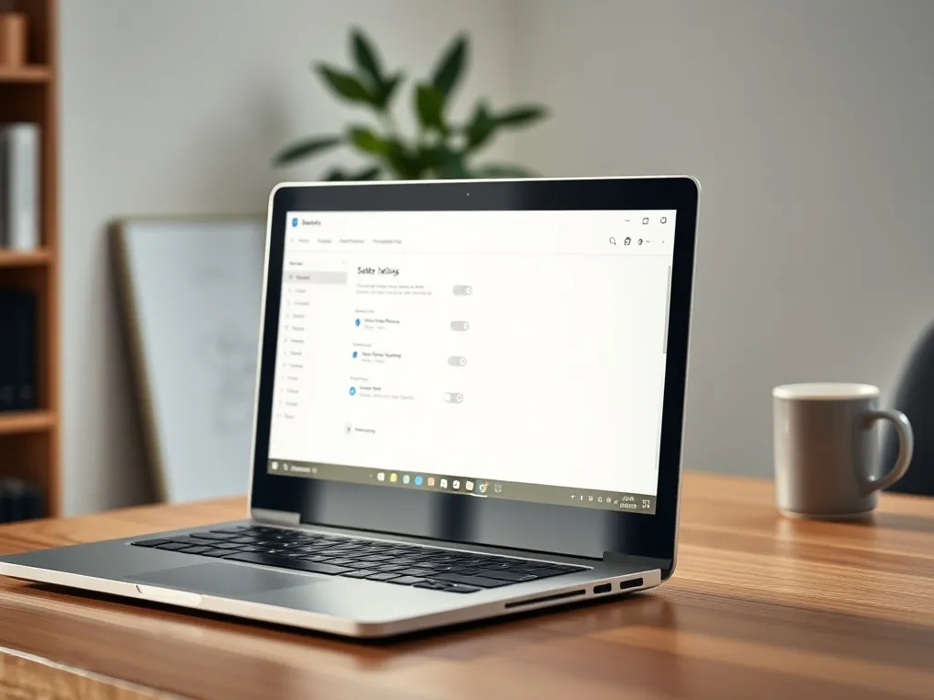 Laptop z Windows 10 na biurku z otwartymi ustawieniami systemu, w tle spokojne domowe biuro z rośliną i kubkiem.