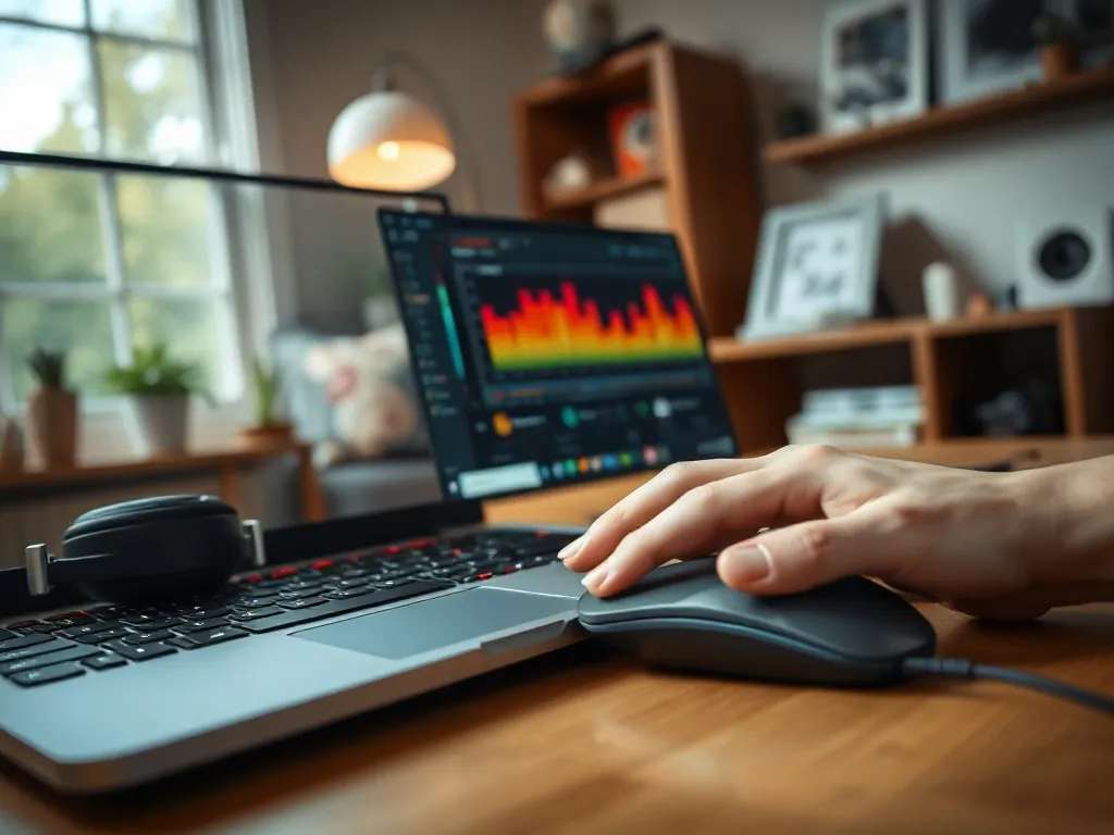 Laptop z otwartym equalizerem dźwięku w Windows 10 na biurku, obok myszka i słuchawki w domowym biurze.