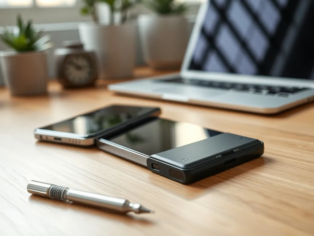 Nowoczesny iPhone na biurku obok wymiennej baterii i śrubokrętów, ilustrujący serwis i koszt wymiany baterii.