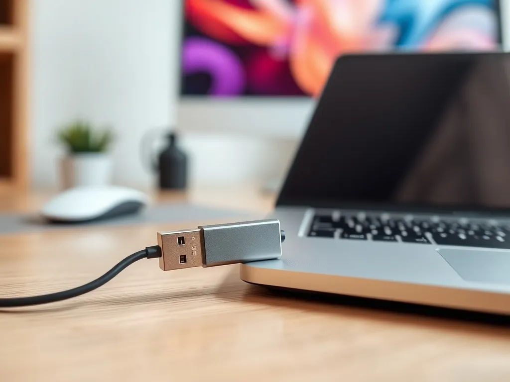 Pendrive USB podłączony do laptopa na biurku, w tle ekran z uruchomionym instalatorem systemu w jasnych kolorach.