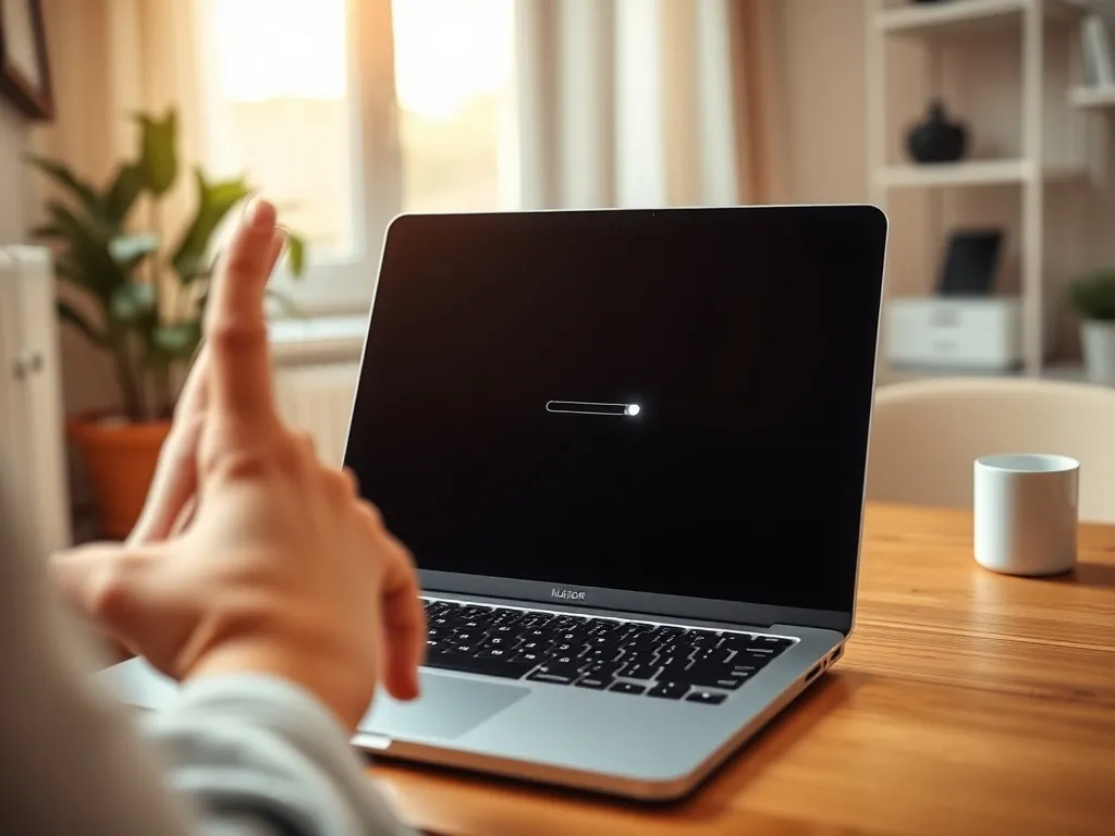 Laptop z czarnym ekranem i kręcącym się kółkiem, użytkownik zrezygnowany gestem szuka rozwiązania problemu z uruchomieniem Windows 10