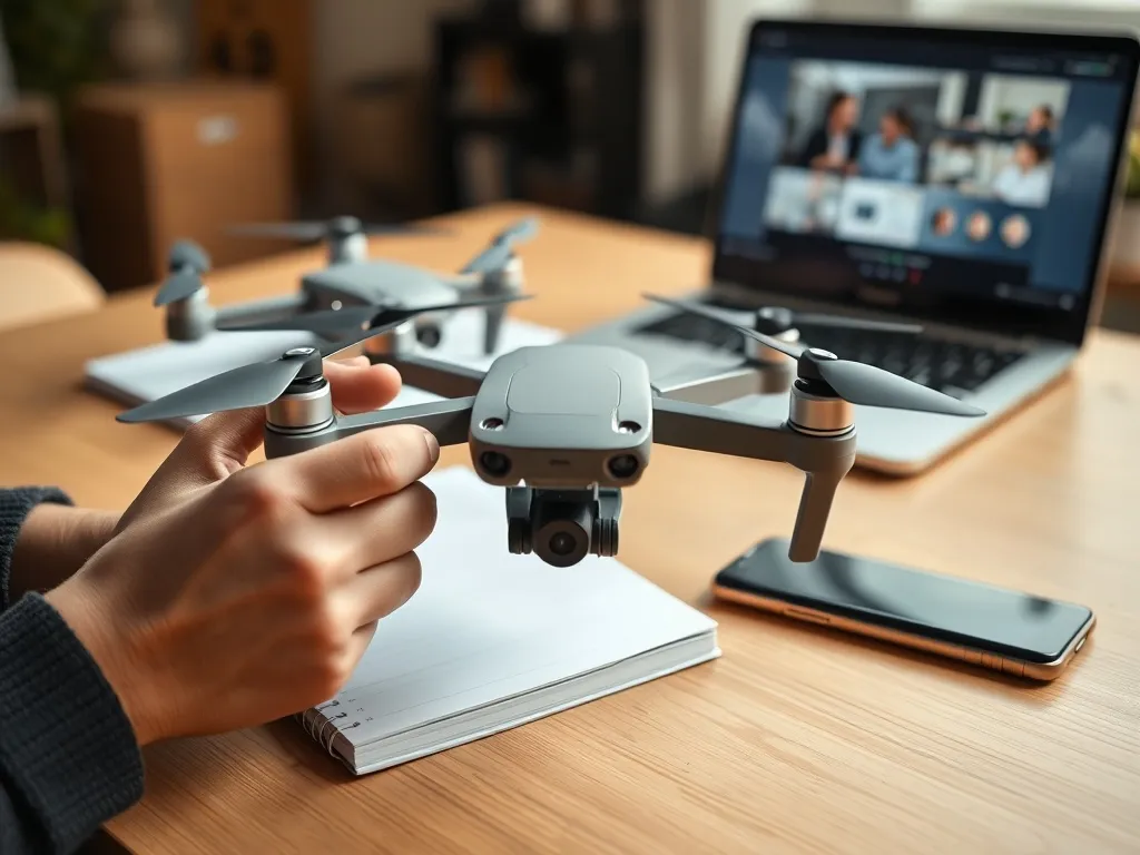 Kontroler drona trzymany w dłoniach na biurku podczas szkolenia online, w tle dron i laptop z materiałem kursowym