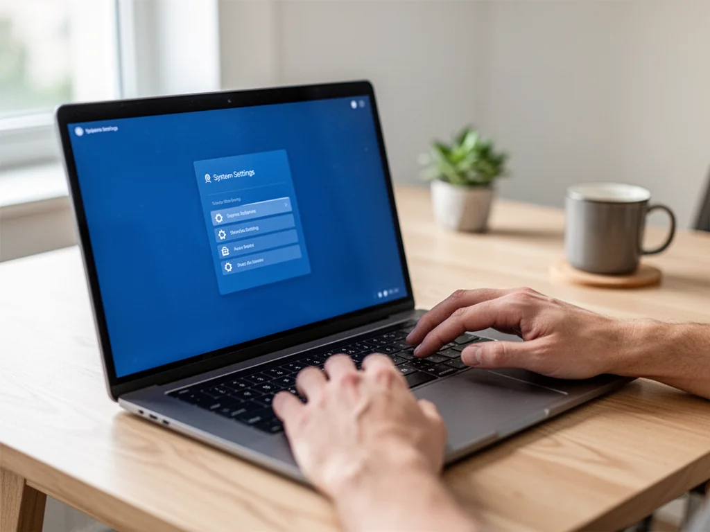 Laptop z otwartymi ustawieniami systemu, użytkownik naciska klawisz, by wejść do BIOS-u w Windows 11.