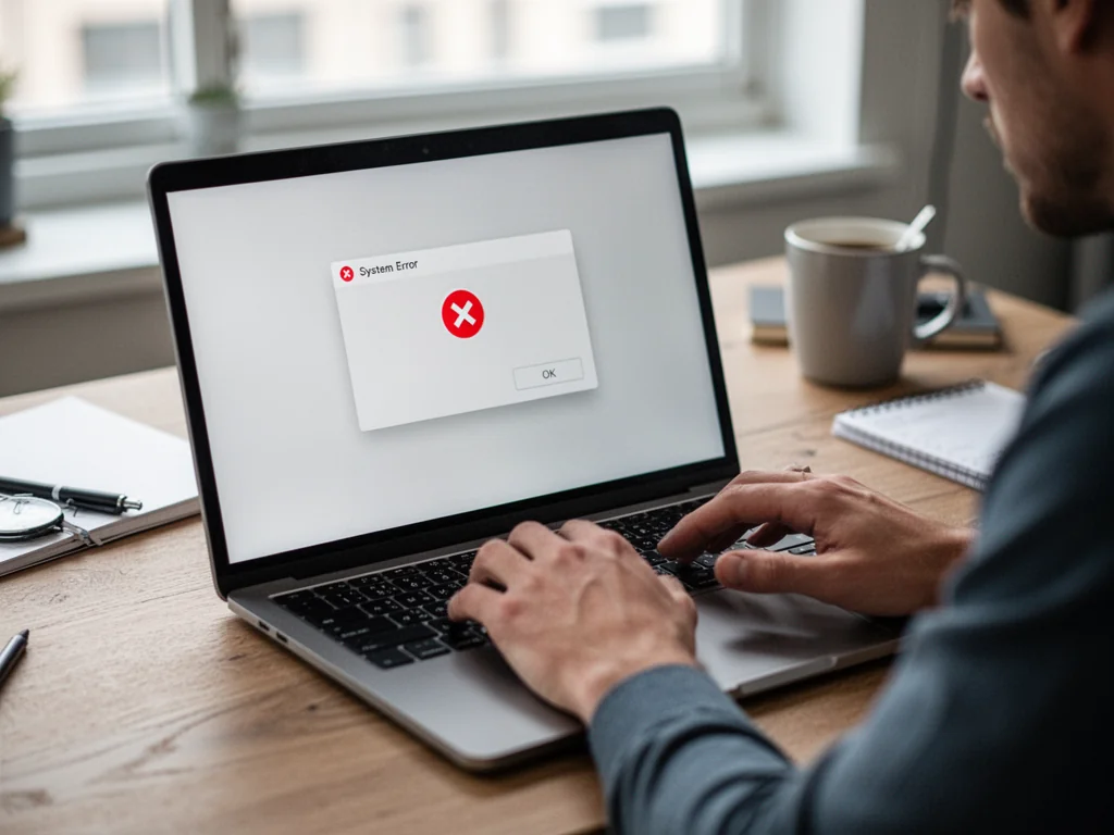 Osoba przy laptopie zatrzymuje się przy komunikacie błędu systemu, ilustrując problem z uruchomieniem aplikacji 0xc00007b.