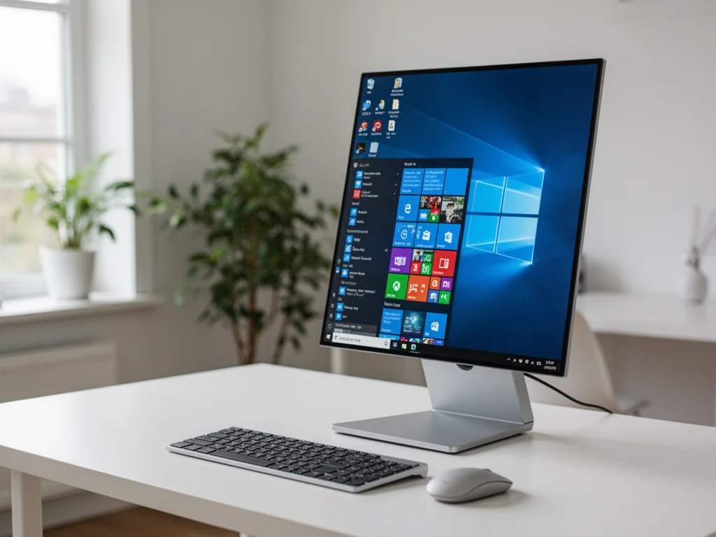 Monitor z pulpitem Windows 11 obróconym pionowo na biurku, ilustrujący zmianę orientacji ekranu.