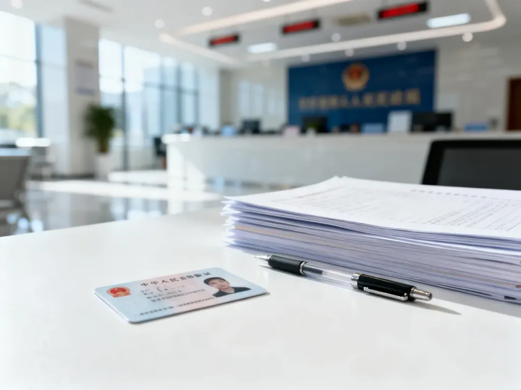 Uporządkowane dokumenty i identyfikator na biurku w nowoczesnym urzędzie miejskim.