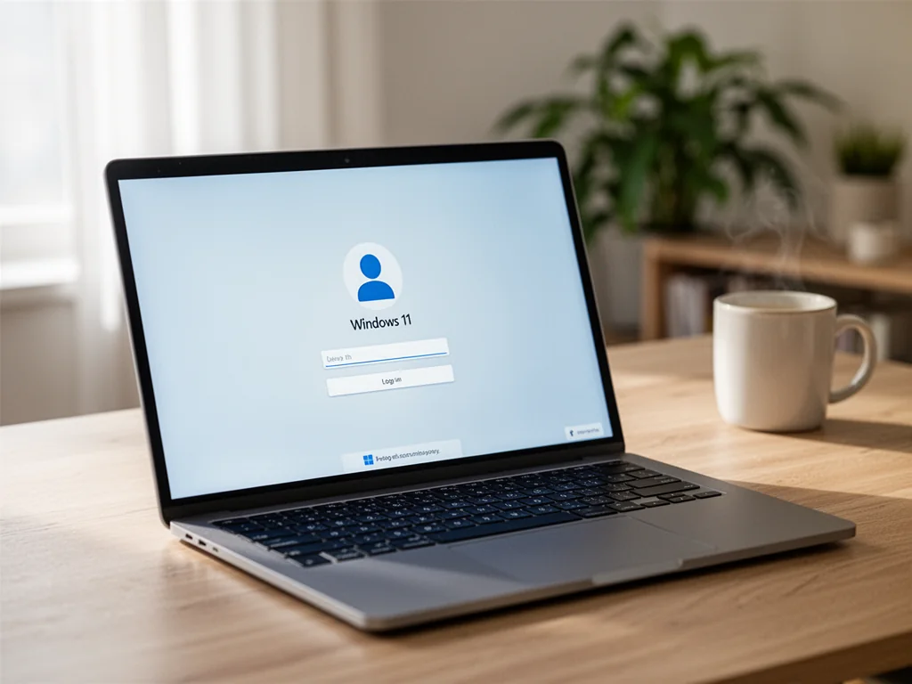 Laptop z ekranem konfiguracji Windows 11 i ikoną użytkownika, ilustrujący zakładanie lokalnego konta w domowym biurze.