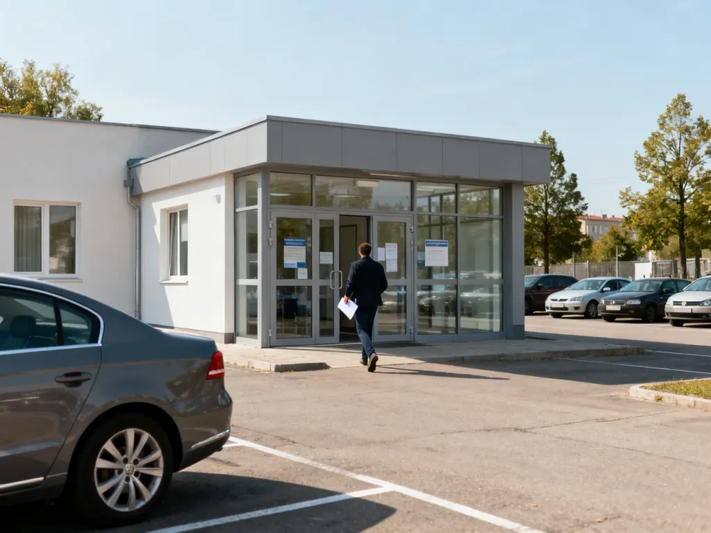 Wejście do nowoczesnego budynku urzędu komunikacji w Łukowie z parkingiem i osobą zmierzającą załatwić sprawy.