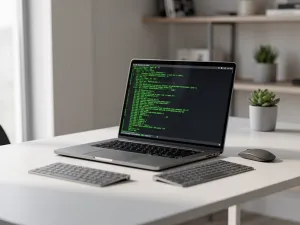 Laptop z otwartym menedżerem haseł obok smartfona i symbolu kłódki na biurku w nowoczesnym, minimalistycznym biurze domowym.