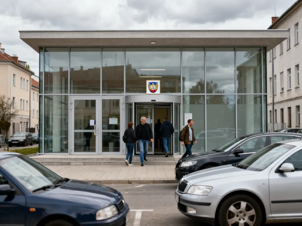 Wejście do nowoczesnego urzędu w mieście w dzień, ludzie wchodzą i wychodzą, zaparkowane auta przed budynkiem.