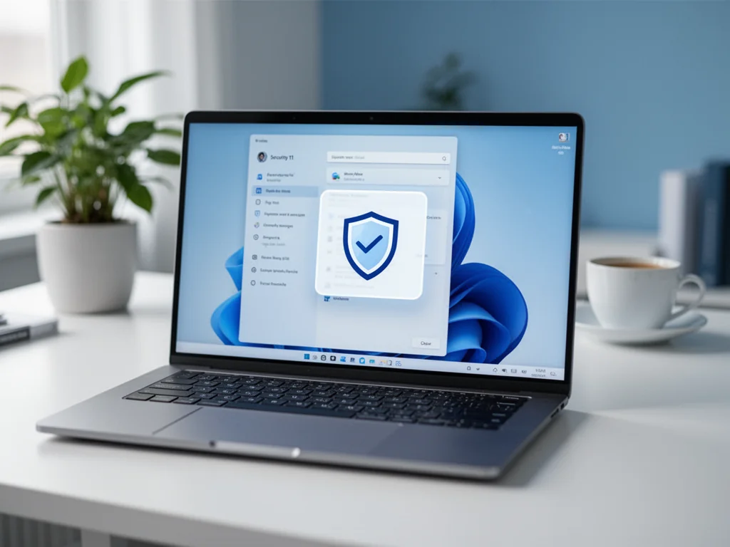 Laptop z otwartymi ustawieniami Windows 11 i podświetloną ikoną tarczy, symbolizujący konfigurację bezpiecznego rozruchu.