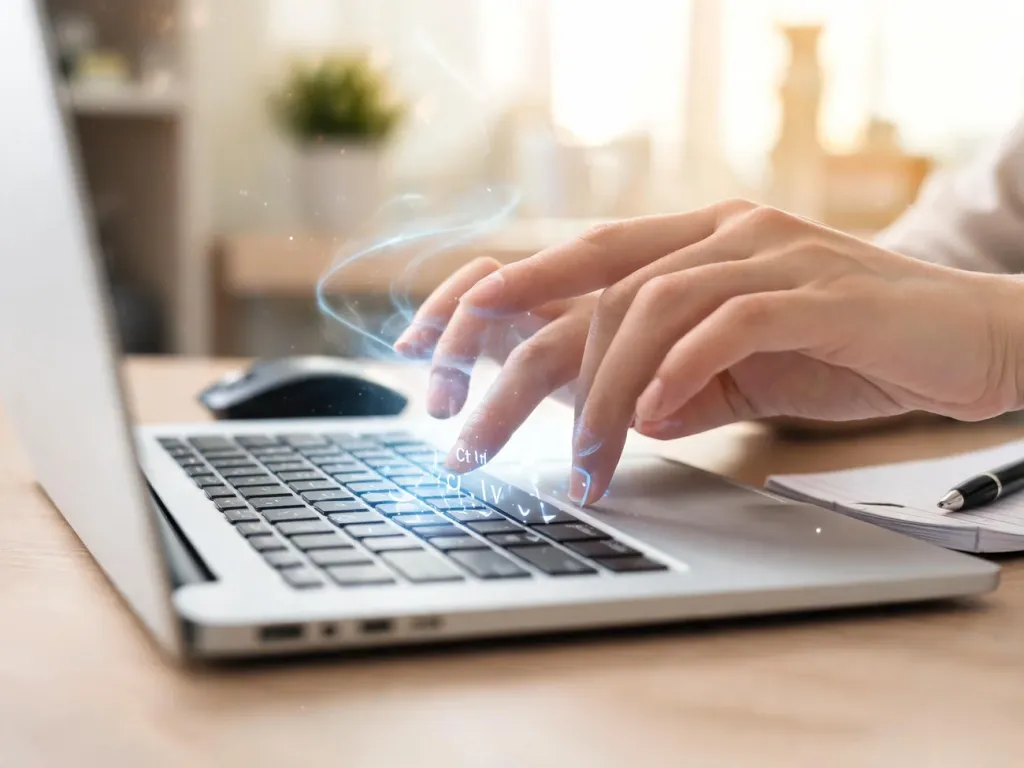Dłonie nad klawiaturą laptopa naciskają Ctrl+C/V, symbolizując kopiowanie danych i korzystanie ze schowka w komputerze.