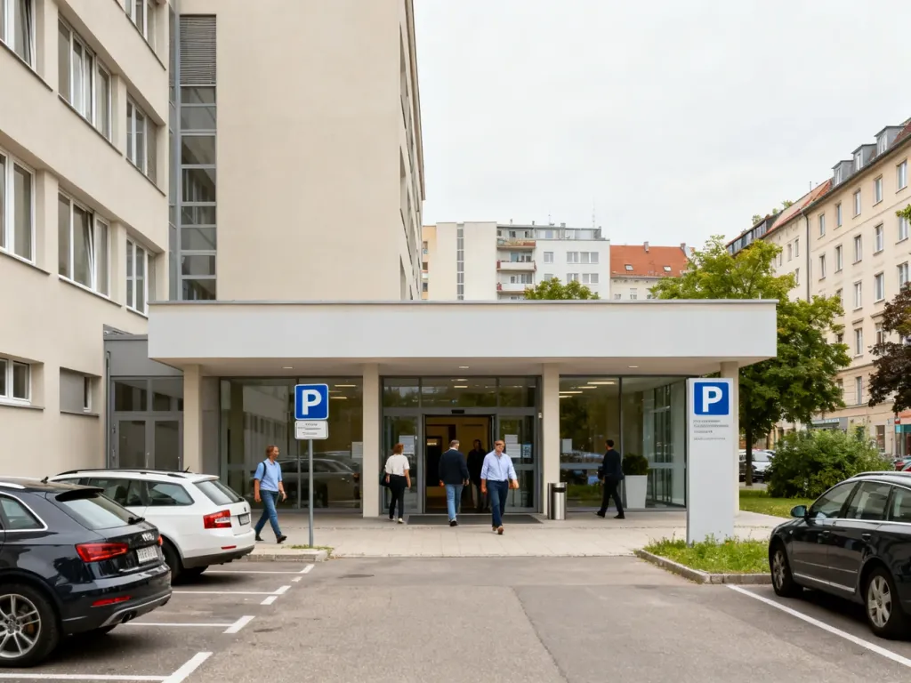 Wejście do nowoczesnego wydziału komunikacji w Zawierciu z parkingiem i osobami wchodzącymi do urzędu.