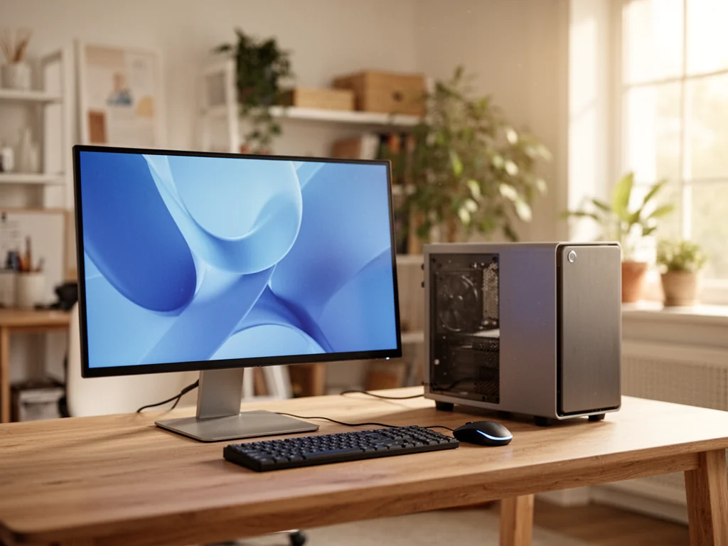 Nowoczesny komputer stacjonarny na biurku, symbolizujący sprzęt spełniający minimalne wymagania Windows 11.