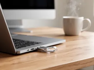 Laptop z otwartymi ustawieniami Windows 11 i podświetloną ikoną tarczy, symbolizujący konfigurację bezpiecznego rozruchu.