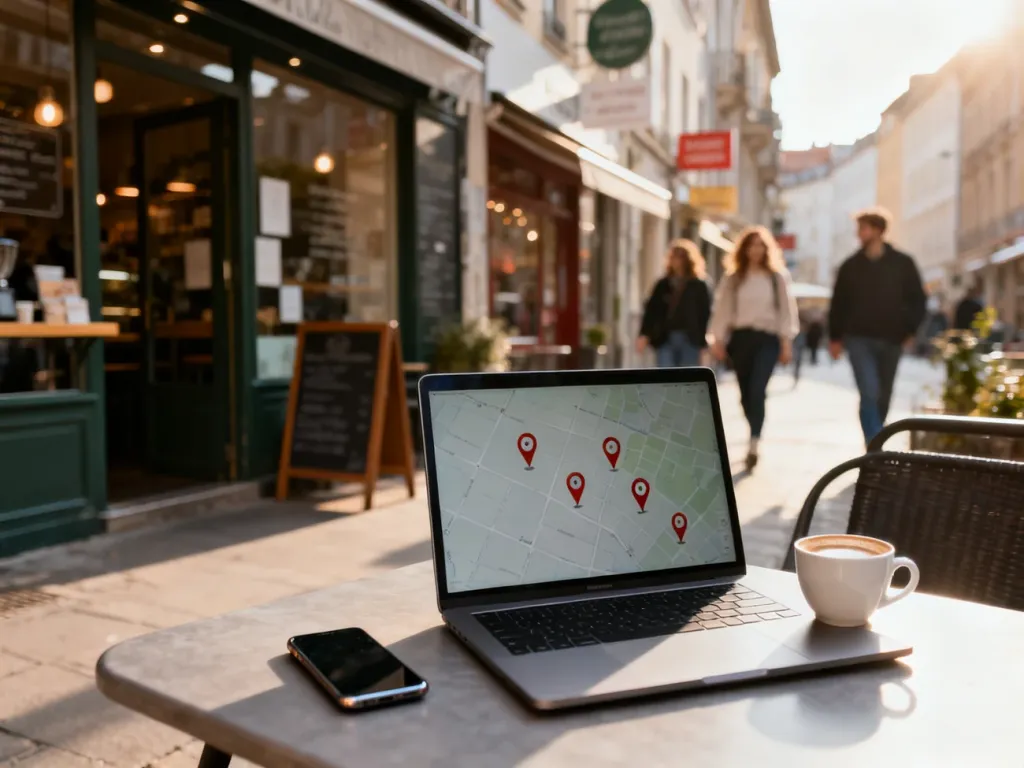 Laptop z mapą i pinezkami lokalizacji na stoliku kawiarnianym, w tle ulica miasta – metafora pozycjonowania lokalnego.