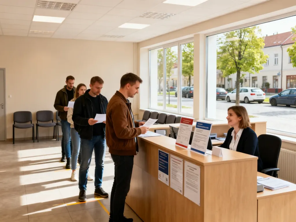 Recepcja wydziału komunikacji w Pruszczu Gdańskim z kolejką petentów przy okienku i jasną poczekalnią w tle