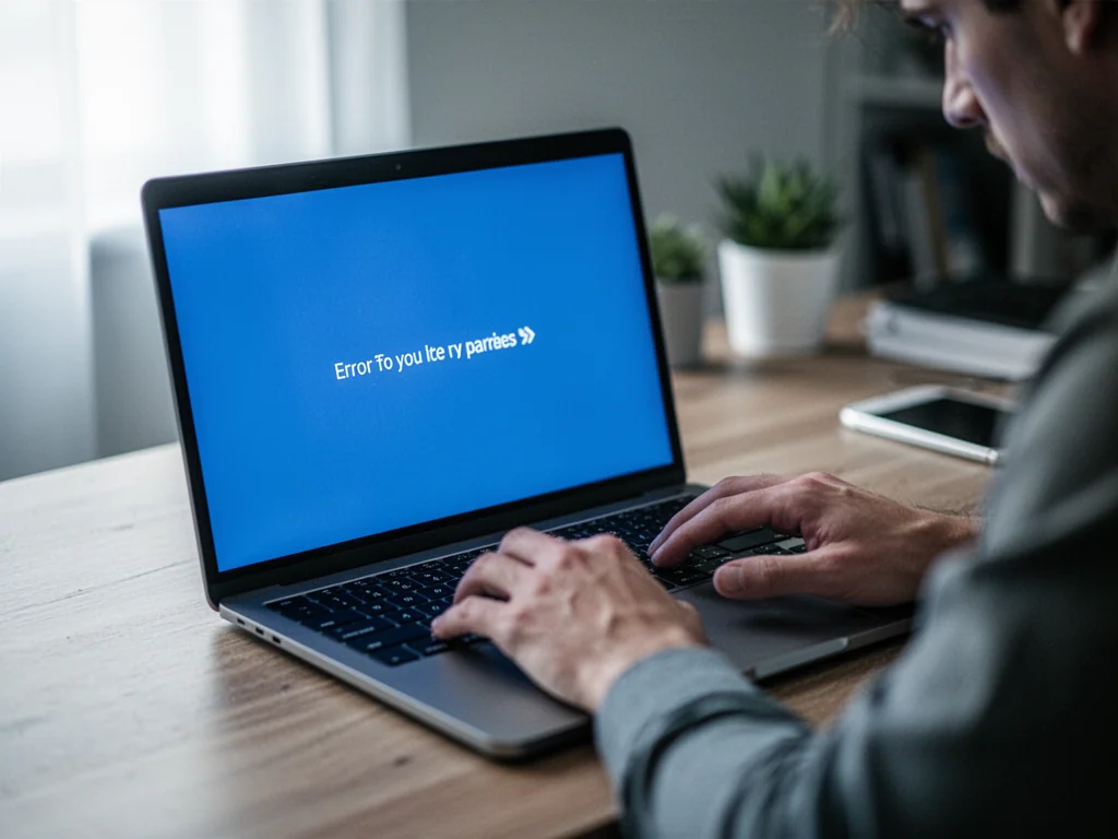 Laptop z niebieskim ekranem błędu KERNEL_DATA_INPAGE_ERROR, zestresowane dłonie na klawiaturze w domowym biurze.