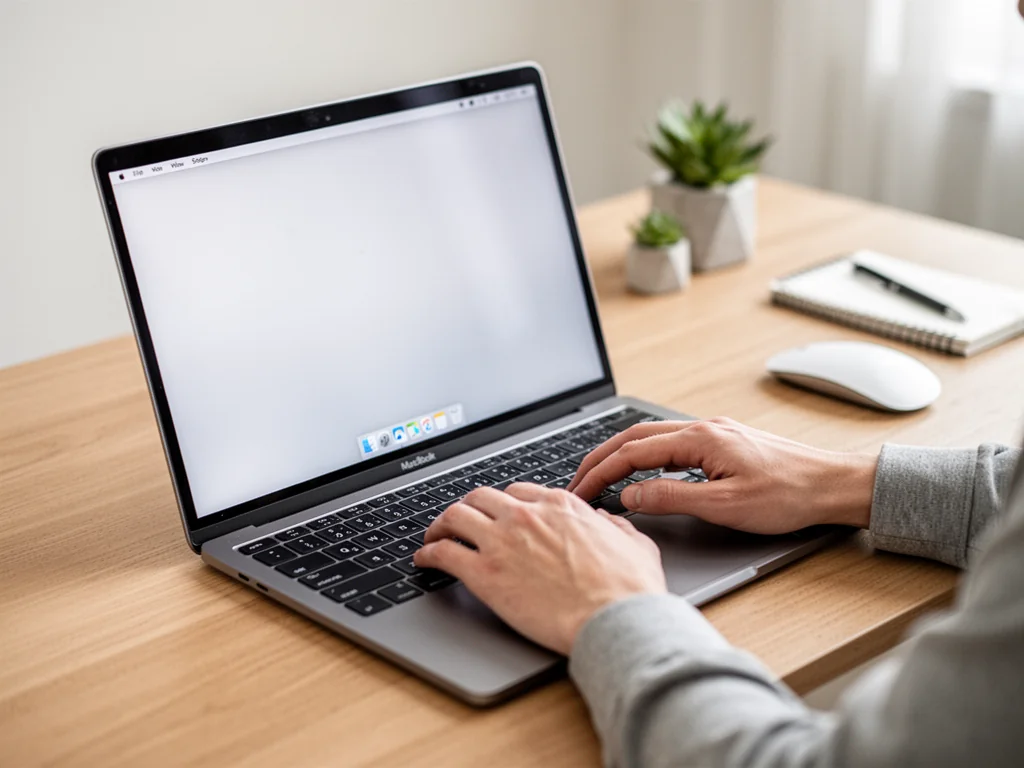 Ręce na klawiaturze MacBooka pokazujące skróty klawiszowe do zrobienia zrzutu ekranu w minimalistycznym domowym biurze